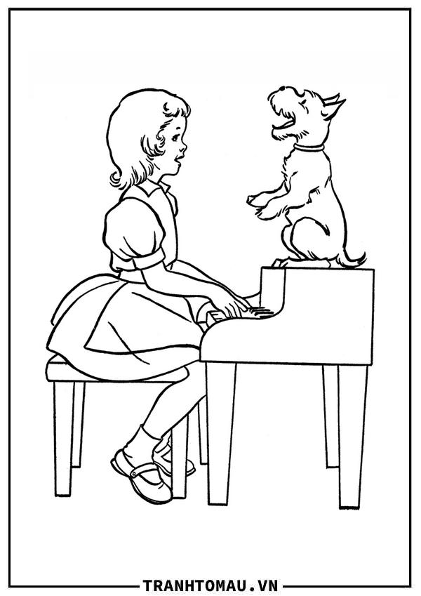 cô bé chơi piano và chú chó