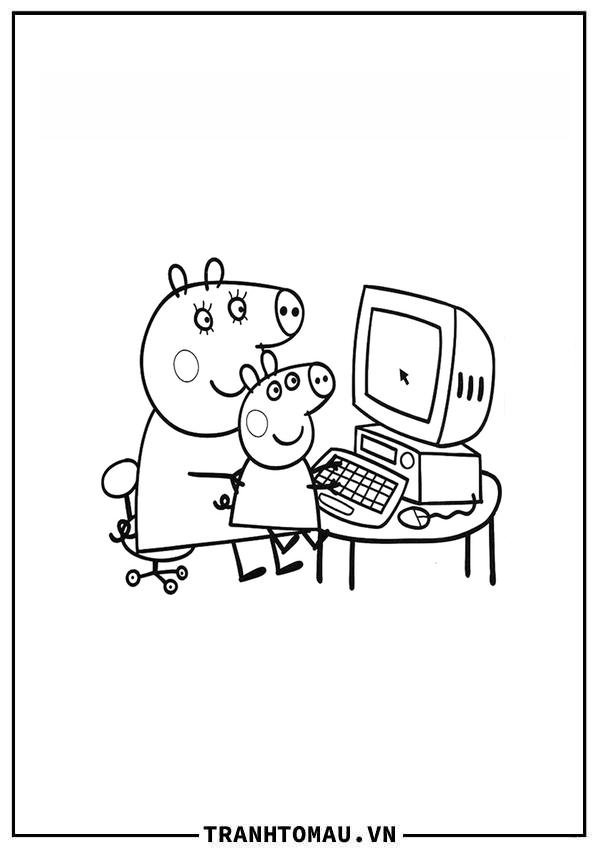 mẹ mummy dạy peppa dùng máy tính