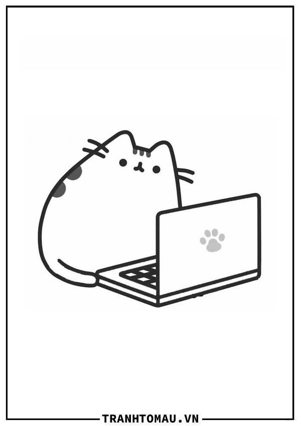 Pusheen làm việc với máy tính